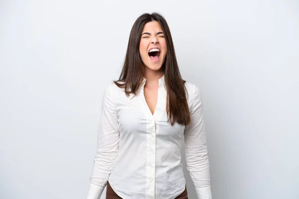 Young Brazilian Woman Isolated White Background Shouting Front Mouth Wide — ストック写真