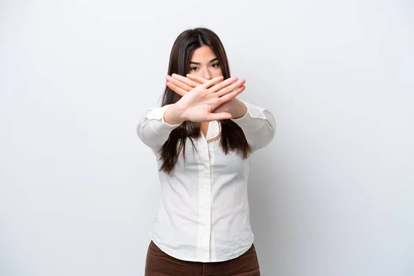 Young Brazilian Woman Isolated White Background Making Stop Gesture Her — ストック写真