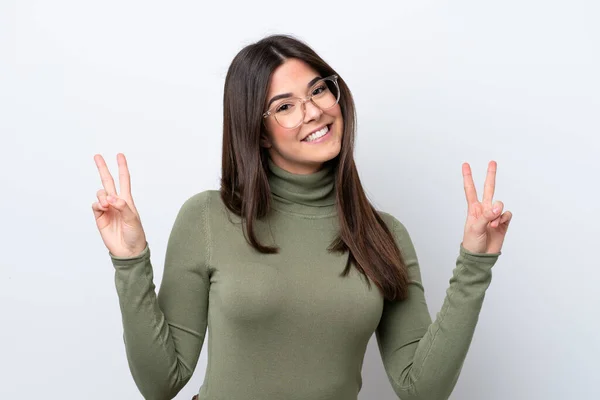 Young Brazilian Woman Isolated White Background Showing Victory Sign Both — Stok fotoğraf