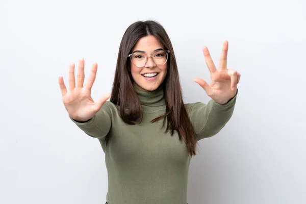 Young Brazilian Woman Isolated White Background Counting Eight Fingers — Stock fotografie