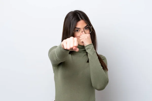 Young Brazilian Woman Isolated White Background Fighting Gesture — Foto de Stock