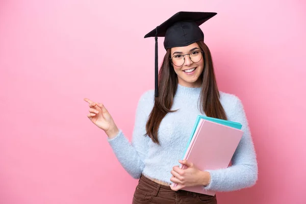 Young Student Brazilian Woman Wearing Graduated Hat Isolated Pink Background — Stockfoto