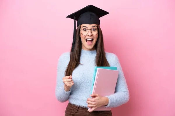 Young Student Brazilian Woman Wearing Graduated Hat Isolated Pink Background — Stock fotografie