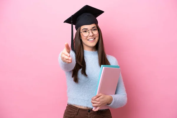 Young Student Brazilian Woman Wearing Graduated Hat Isolated Pink Background — Stock Photo, Image