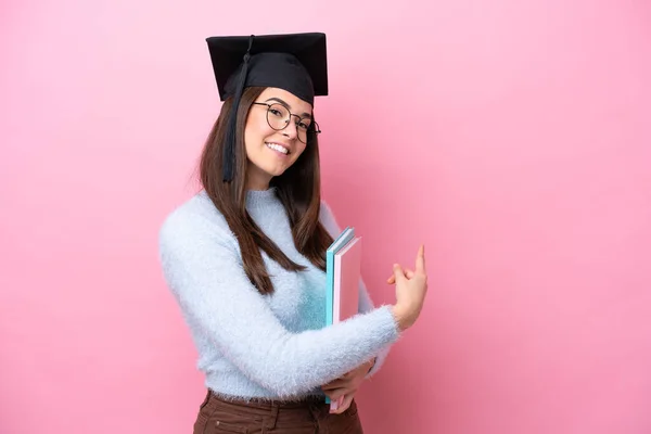 Young Student Brazilian Woman Wearing Graduated Hat Isolated Pink Background — Stock fotografie