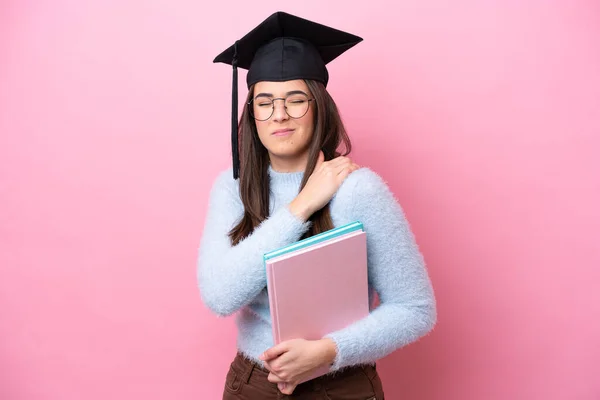 Young Student Brazilian Woman Wearing Graduated Hat Isolated Pink Background — Stockfoto