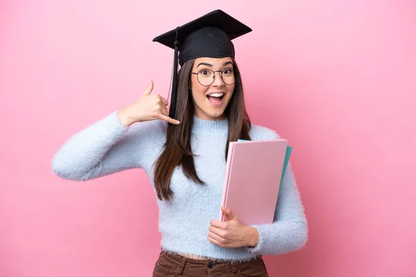 Young Student Brazilian Woman Wearing Graduated Hat Isolated Pink Background — Zdjęcie stockowe