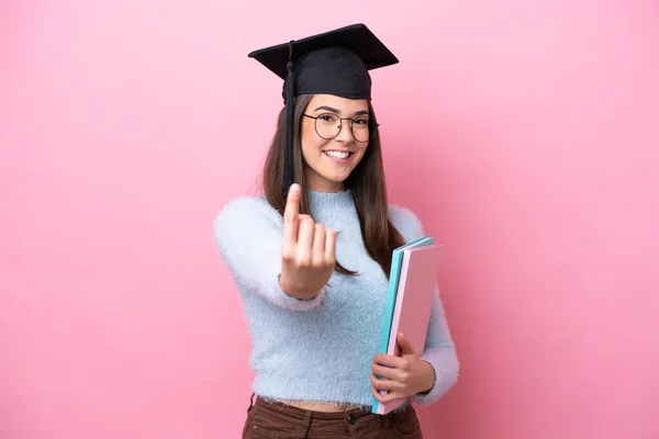 Young Student Brazilian Woman Wearing Graduated Hat Isolated Pink Background — Zdjęcie stockowe