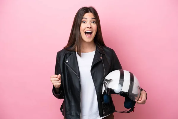 Young Brazilian Woman Motorcycle Helmet Isolated Pink Background Celebrating Victory — ストック写真
