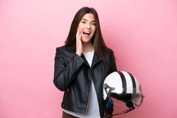 Young Brazilian Woman Motorcycle Helmet Isolated Pink Background Surprise Shocked — Stock fotografie