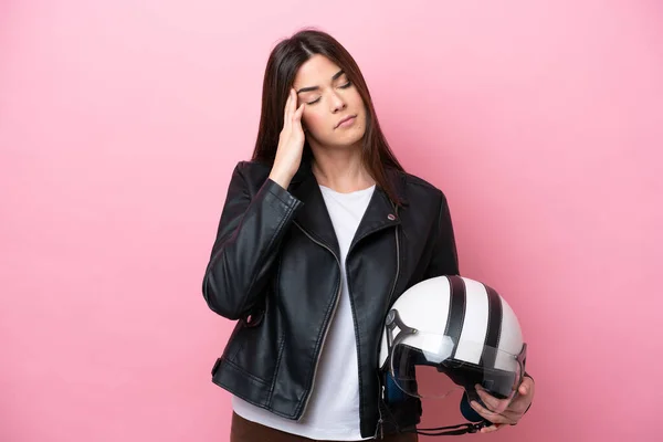 Young Brazilian Woman Motorcycle Helmet Isolated Pink Background Headache — Stock fotografie