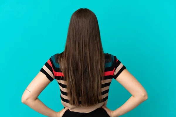Teenager Brazilian Girl Isolated Blue Background Back Position — Foto Stock