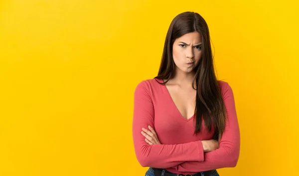 Teenager Brazilian Girl Isolated Yellow Background Unhappy Expression —  Fotos de Stock