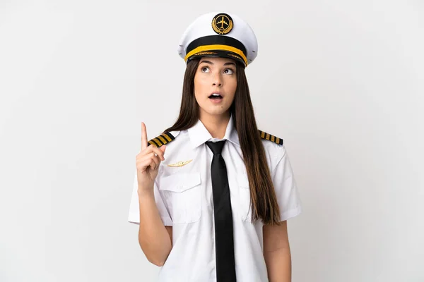 Brazilian Girl Airplane Pilot Isolated White Background Thinking Idea Pointing — 스톡 사진