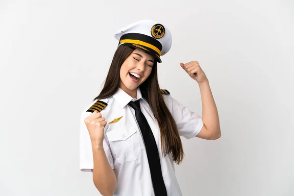 巴西女飞行员克服了孤立的白人背景庆祝胜利 — 图库照片