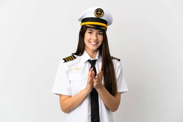 Brazilian Girl Airplane Pilot Isolated White Background Applauding Presentation Conference — 스톡 사진