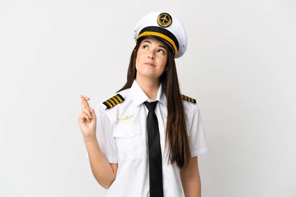 Brazilian Girl Airplane Pilot Isolated White Background Fingers Crossing Wishing — 图库照片