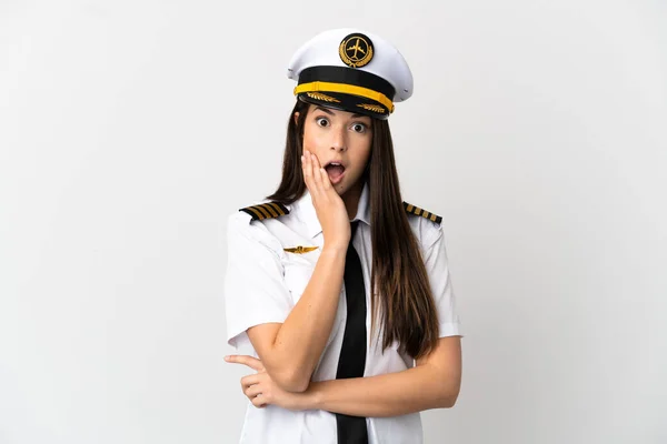 Brazilian Girl Airplane Pilot Isolated White Background Surprised Shocked While — Zdjęcie stockowe