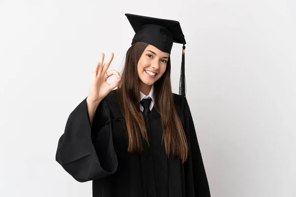 Teenager Brazilian University Graduate Isolated White Background Showing Sign Fingers —  Fotos de Stock