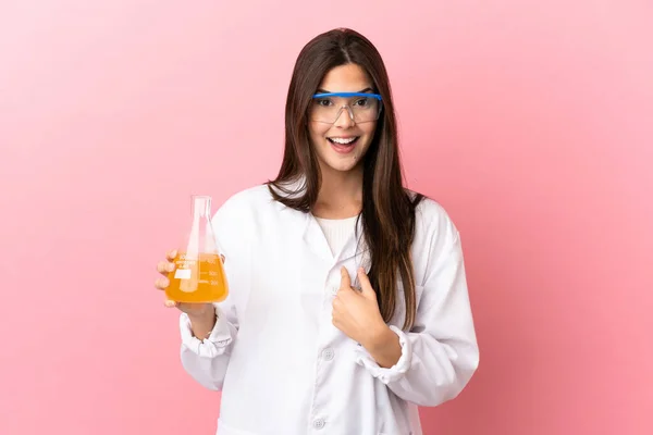 Young Scientific Girl Isolated Pink Background Surprise Facial Expression — Stock Photo, Image