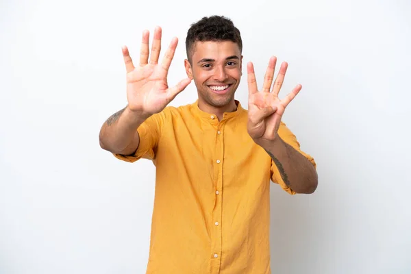 Young Caucasian Brazilian Man Isolated White Background Counting Nine Fingers — Stockfoto