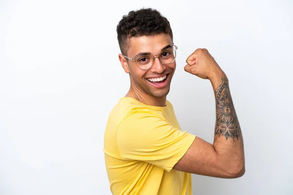 Young Brazilian Man Isolated White Background Glasses Celebrating Victory — Foto Stock