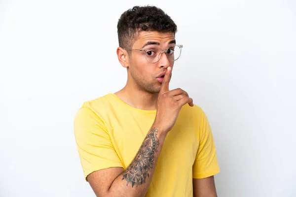 Young Brazilian Man Isolated White Background Glasses Doing Silence Gesture — ストック写真