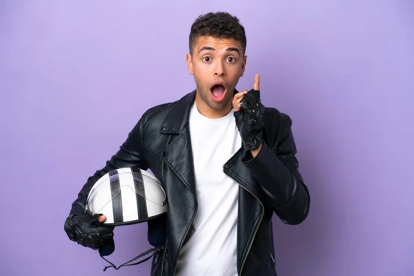 Young Brazilian Man Motorcycle Helmet Isolated Purple Background Intending Realizes — 스톡 사진