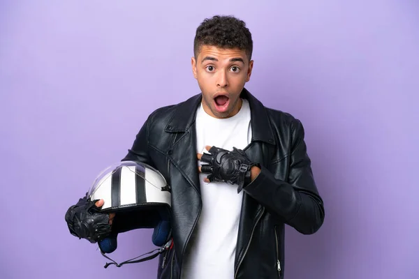 Young Brazilian Man Motorcycle Helmet Isolated Purple Background Surprised Shocked — Stockfoto