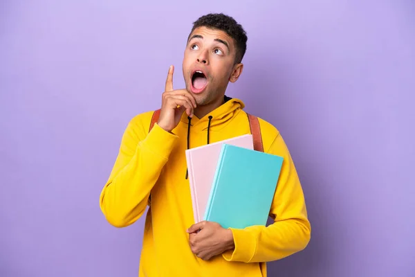 Young Student Brazilian Man Isolated Purple Background Thinking Idea Pointing — Foto de Stock