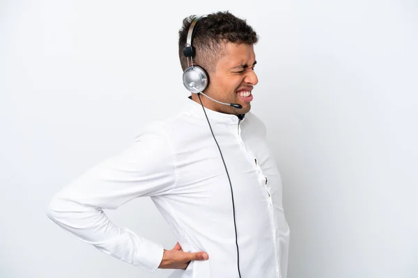 Telemarketer Brazilian Man Working Headset Isolated White Background Suffering Backache — Foto Stock