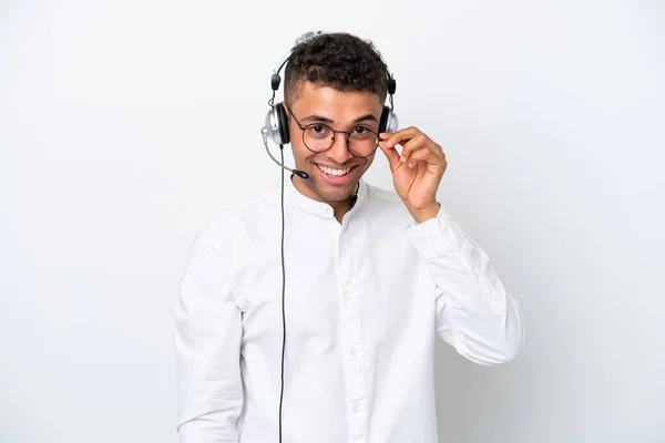 Telemarketer Brazilian Man Working Headset Isolated White Background Glasses Happy — Φωτογραφία Αρχείου