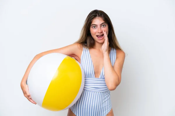 Young Woman Swimsuit Holding Beach Ball Isolated White Background Shouting — Stok fotoğraf