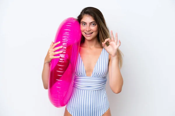 Young Woman Swimsuit Holding Air Mattress Donut Isolated White Background — Foto de Stock
