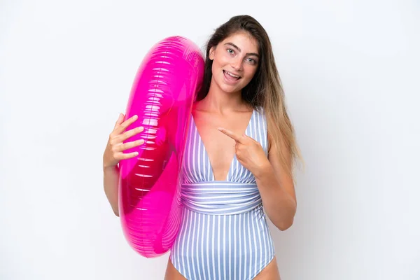 Young Woman Swimsuit Holding Air Mattress Donut Isolated White Background — Zdjęcie stockowe