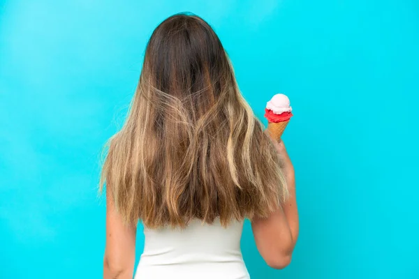 Young Woman Swimsuit Holding Ice Cream Isolated Blue Background Back — Foto Stock