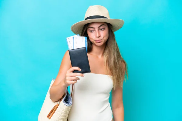 Young Woman Swimsuit Holding Passport Isolated Blue Background Sad Expression — Stock fotografie