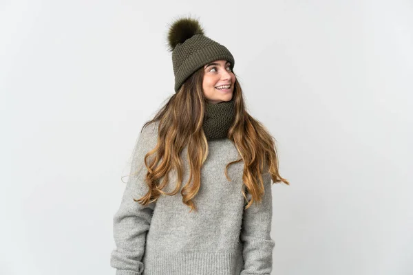 Young Caucasian Woman Winter Hat Isolated White Background Thinking Idea — 图库照片