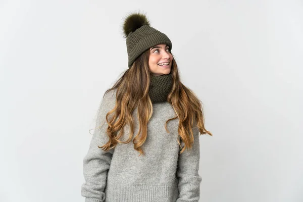 Young Caucasian Woman Winter Hat Isolated White Background Thinking Idea — Foto Stock