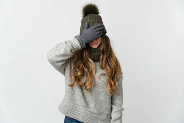 Young Caucasian Woman Winter Hat Isolated White Background Covering Eyes — Foto de Stock