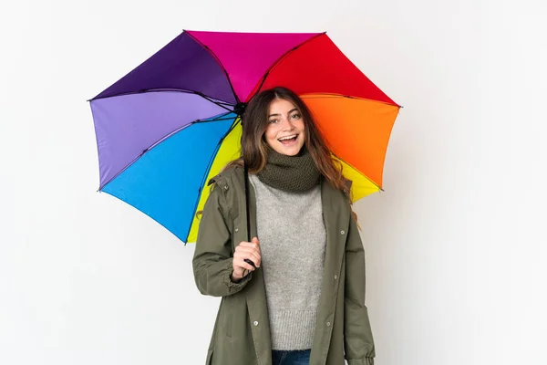 Young Caucasian Woman Holding Umbrella Isolated White Background Surprise Facial — Foto de Stock