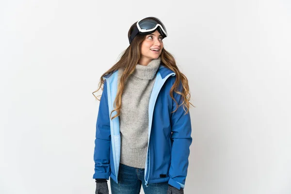 Skier Girl Snowboarding Glasses Isolated White Background Thinking Idea While — Stock fotografie