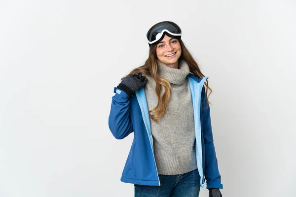 Κορίτσι Σκιέρ Γυαλιά Snowboarding Απομονώνονται Λευκό Φόντο Γέλιο — Φωτογραφία Αρχείου