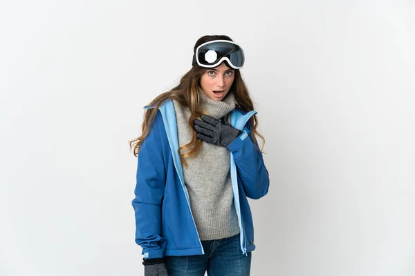 Skier Girl Snowboarding Glasses Isolated White Background Surprised Shocked While — 스톡 사진