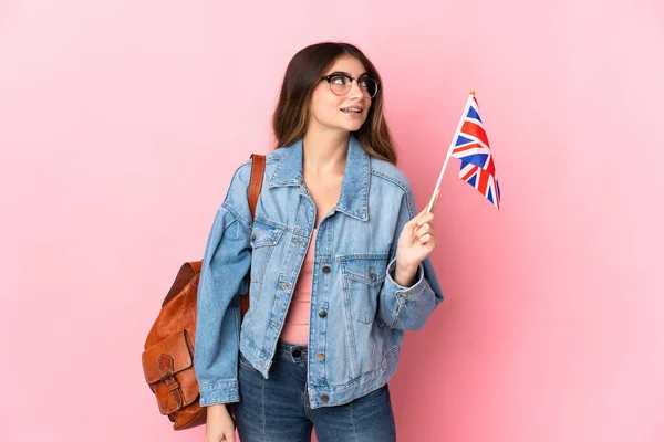 Young Woman Holding United Kingdom Flag Isolated Pink Background Thinking — 图库照片
