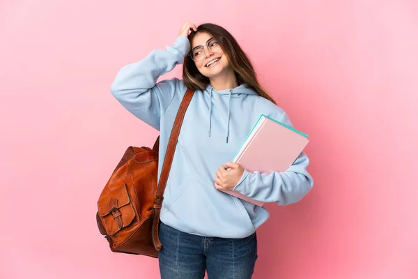 Jovem Estudante Mulher Isolada Fundo Rosa Sorrindo Muito — Fotografia de Stock