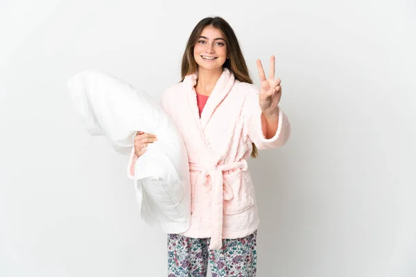 Young Caucasian Woman Isolated White Background Pajamas Smiling While Showing — Stock fotografie