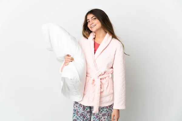 Mladá Běloška Žena Izolované Bílém Pozadí Pyžamu Usmívat Hodně — Stock fotografie