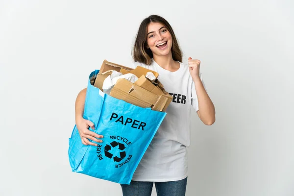 Young Woman Holding Recycling Bag Full Paper Recycle Isolated White — Zdjęcie stockowe