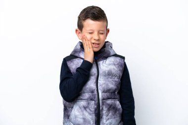 Little boy isolated on white background with toothache